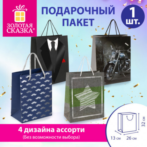 Пакет подарочный (1 штука) 26х13х32см (L) Man Style, ассорти, фольга, выборочный лак, ЗОЛОТАЯ СКАЗКА, 700813