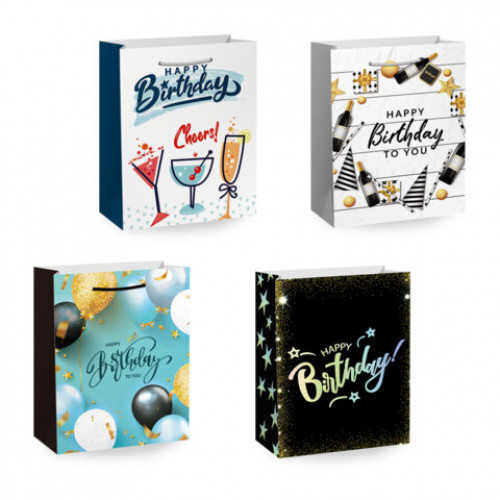 Пакет подарочный (1 штука) 18х10х23 см (M), Happy Birthday, ассорти, глиттер, фольга, ЗОЛОТАЯ СКАЗКА, 700806