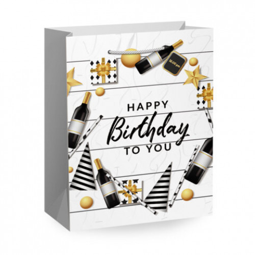 Пакет подарочный (1 штука) 18х10х23 см (M), Happy Birthday, ассорти, глиттер, фольга, ЗОЛОТАЯ СКАЗКА, 700806