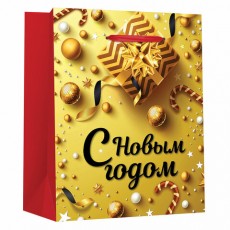 Пакет подарочный новогодний 26,5x12,7x33 см ЗОЛОТАЯ СКАЗКА New Year глиттер, красный/золото, 608229