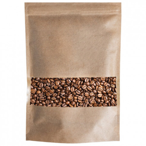 Пакет Дой-Пак с замком ZIP LOCK, крафт с окном 50 мм, 150 х 220 + 40 мм, 100 штук 150 мкм, BRAUBERG, 700691