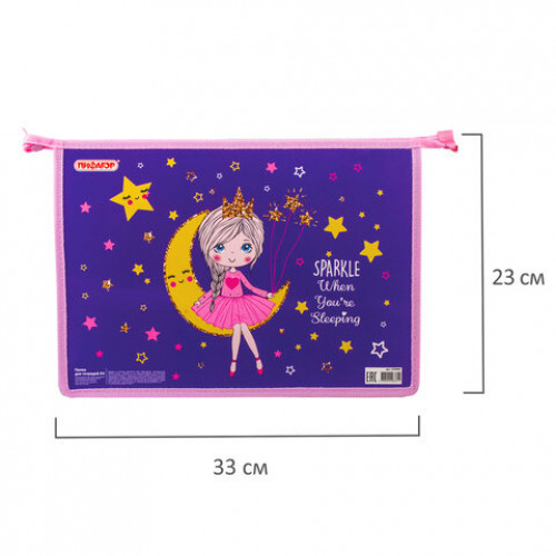 Папка для тетрадей ПИФАГОР А4, 1 отделение, картон, молния сверху, MOON PRINCESS, 229099