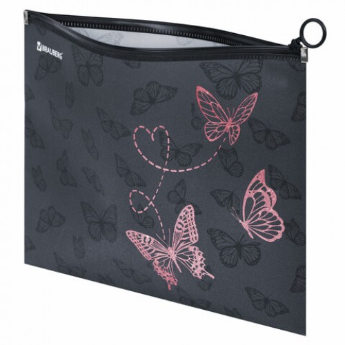 Папка для тетрадей BRAUBERG А4, 1 отделение, пластик, на zip-lock-молнии, Neon butterflies, 272103