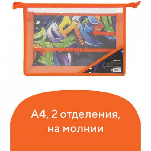 Папка для труда BRAUBERG А4, 2 отделения, пластик, молния сверху, органайзер, Graffitti, 229132