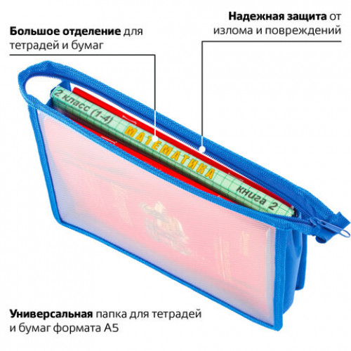 Папка для тетрадей А5 ПИФАГОР, пластик, молния сверху, прозрачная, синяя, 228221