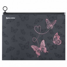 Папка для тетрадей BRAUBERG А4, 1 отделение, пластик, на zip-lock-молнии, Neon butterflies, 272103