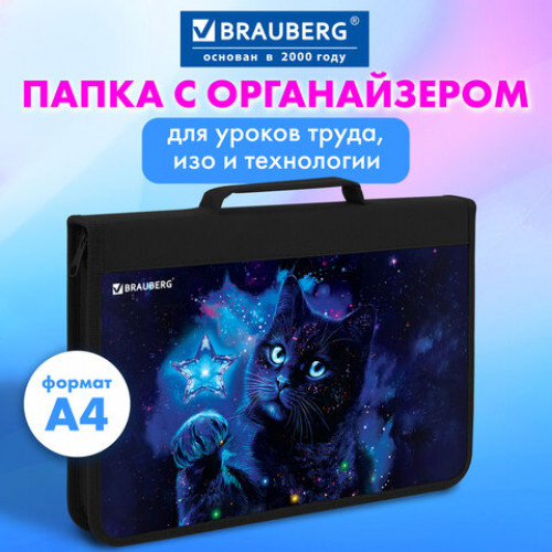 Папка на молнии BRAUBERG А4 с ручкой, с органайзером, 1 отделение, Star cat, 274475