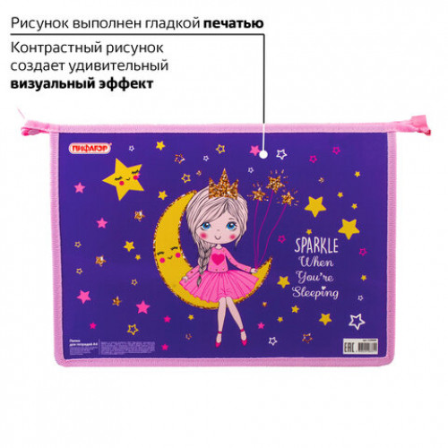 Папка для тетрадей ПИФАГОР А4, 1 отделение, картон, молния сверху, MOON PRINCESS, 229099