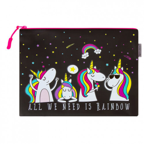 Папка для тетрадей A5 BRAUBERG, мягкий, водонепроницаемая молния, Unicorns, 25х20 см, 229259