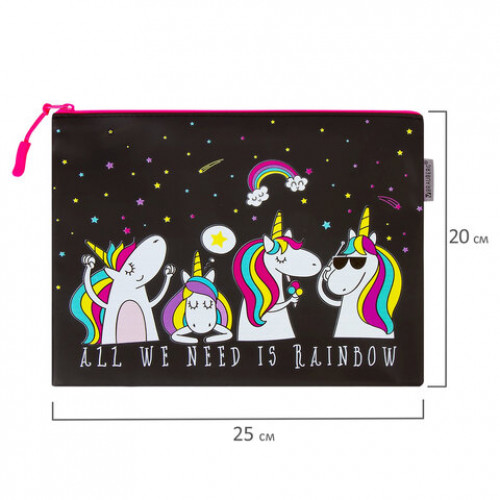 Папка для тетрадей A5 BRAUBERG, мягкий, водонепроницаемая молния, Unicorns, 25х20 см, 229259