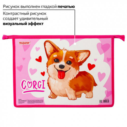 Папка для тетрадей ПИФАГОР А4, 1 отделение, картон, молния сверху, KORGI, 229102