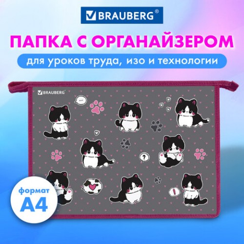 Папка для труда на молнии BRAUBERG А4, 2 отделения, органайзер, Cat patches, 272211