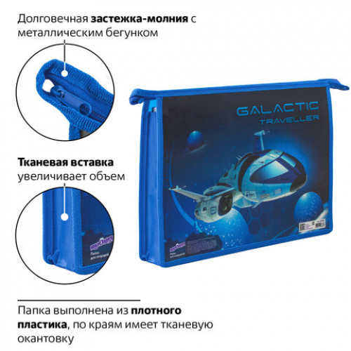 Папка для тетрадей ЮНЛАНДИЯ А4, 1 отделение, пластик, молния сверху, Galactic traveller, 229105