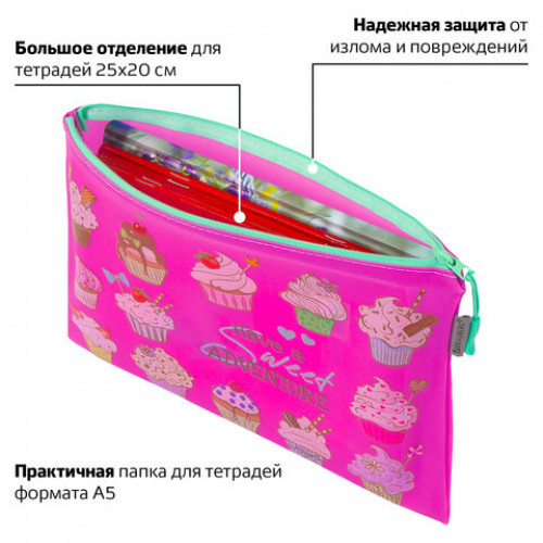 Папка для тетрадей A5 BRAUBERG, мягкий, водонепроницаемая молния, Cupcakes, 25х20 см, 229260