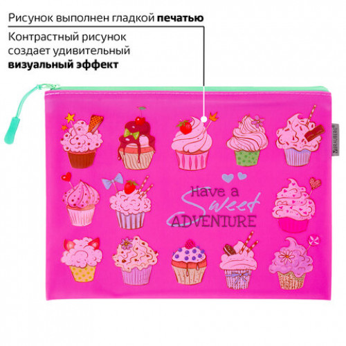 Папка для тетрадей A5 BRAUBERG, мягкий, водонепроницаемая молния, Cupcakes, 25х20 см, 229260