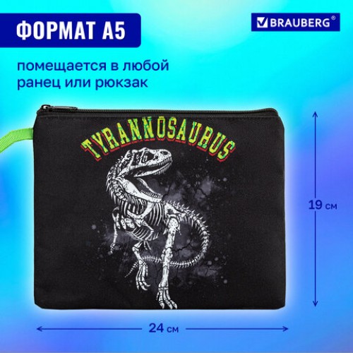 Папка для тетрадей BRAUBERG А5, 1 отделение, полиэстер, на молнии, с ручкой, Tyrannosaur, 272203