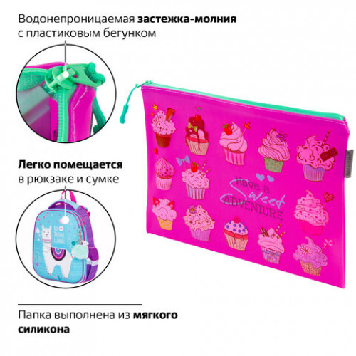 Папка для тетрадей A5 BRAUBERG, мягкий, водонепроницаемая молния, Cupcakes, 25х20 см, 229260