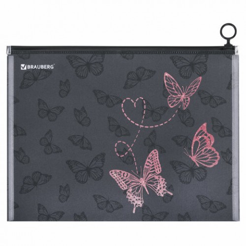 Папка для тетрадей BRAUBERG А4, 1 отделение, пластик, на zip-lock-молнии, Neon butterflies, 272103