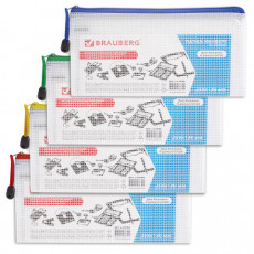 Папка-конверт на молнии МАЛЫЙ ФОРМАТ (255х130 мм), молния ассорти, сетка, прозрачная, 0,2 мм, BRAUBERG Segment, 223888