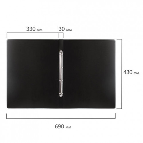 Папка на 4 кольцах БОЛЬШОГО ФОРМАТА А3, ВЕРТИКАЛЬНАЯ, 30 мм, черная, 0,8 мм, BRAUBERG Стандарт, 225766