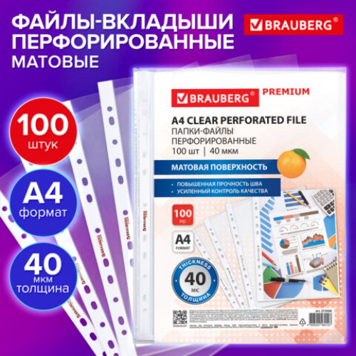 Папки-файлы перфорированные А4 BRAUBERG PREMIUM, КОМПЛЕКТ 100 шт., матовые, 40 мкм, 273008