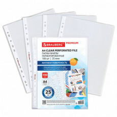 Папки-файлы перфорированные А4 BRAUBERG PREMIUM, КОМПЛЕКТ 100 шт., матовые, 25 мкм, 273000
