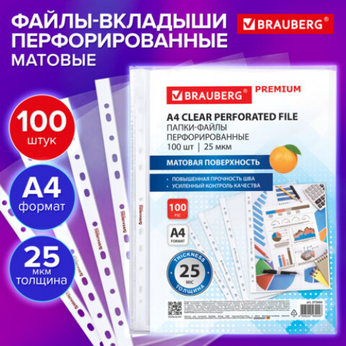 Папки-файлы перфорированные А4 BRAUBERG PREMIUM, КОМПЛЕКТ 100 шт., матовые, 25 мкм, 273000
