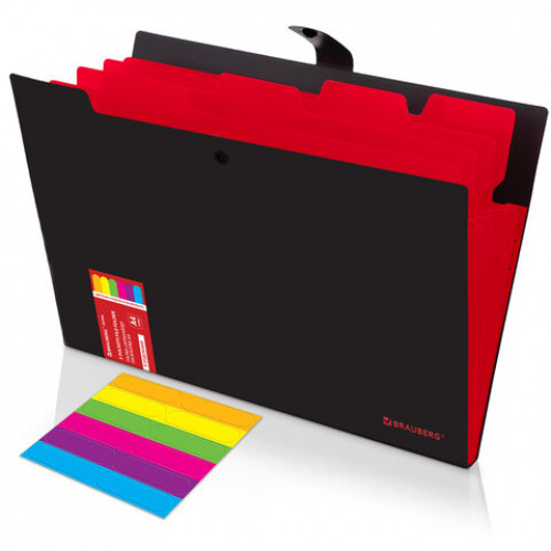 Папка-органайзер на кнопке 5 отделений, BRAUBERG Extra, А4, черная с красным, 274095