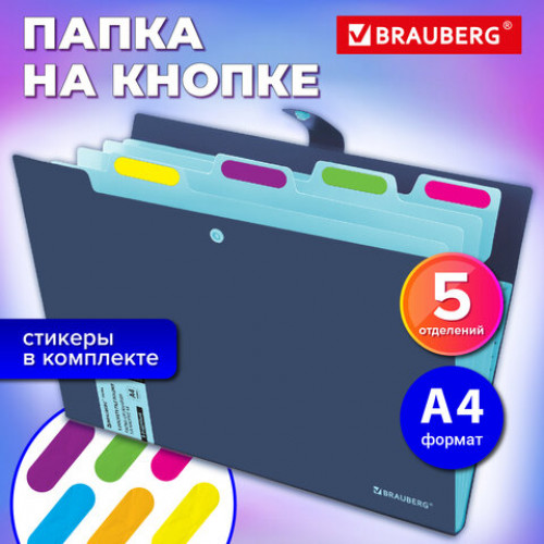 Папка-органайзер на кнопке 5 отделений, BRAUBERG Extra, А4, синяя с голубым, 274096