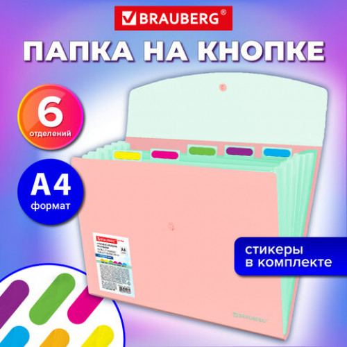 Папка-органайзер конверт на кнопке 6 отделений, BRAUBERG Extra, A4, персиковая с мятным, 274102