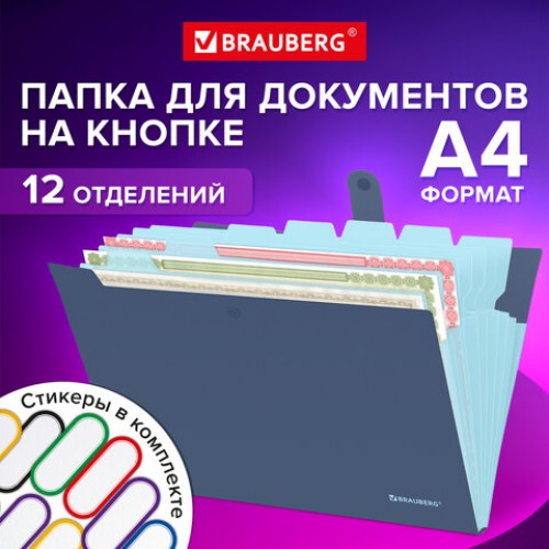 Папка-органайзер на кнопке 12 отделений, BRAUBERG Extra, А4, синяя с голубым, 271933