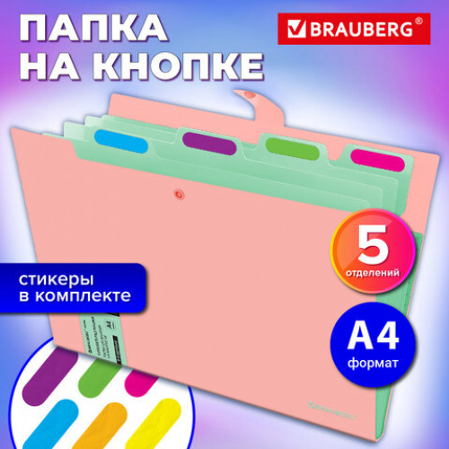 Папка-органайзер на кнопке 5 отделений, BRAUBERG Extra, А4, персиковая с мятным, 274097