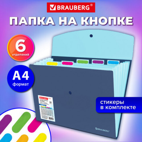 Папка-органайзер конверт на кнопке 6 отделений, BRAUBERG Extra, A4, синяя с голубым, 274103