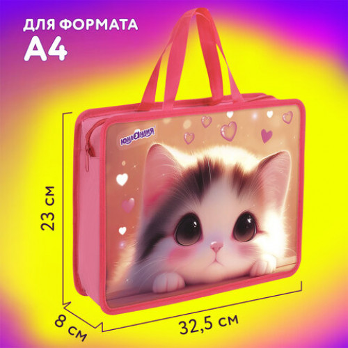 Папка на молнии с ручками ЮНЛАНДИЯ А4, 1 отделение, пластик, 80 мм, Dreamy kitty, 273361
