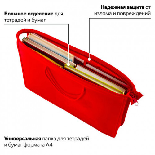 Папка на молнии с ручками ПИФАГОР, А4, пластик, молния сверху, однотонная красная, 228234