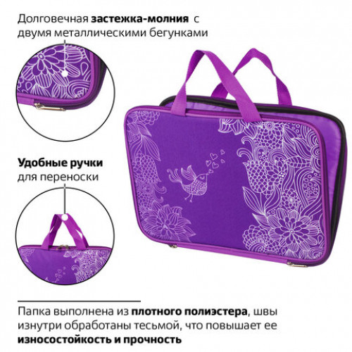 Папка на молнии с ручками BRAUBERG, А4, ткань, с подкладкой, сублимация, для девочек, Маджента, 227085