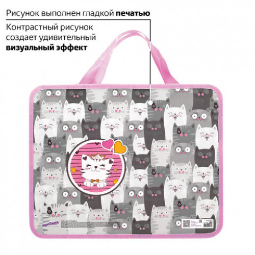 Папка с ручками ЮНЛАНДИЯ А4, 1 отделение, пластик, молния сверху, 75 мм, Gray kittens, 228170