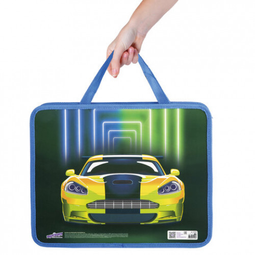 Папка с ручками ЮНЛАНДИЯ А4, 1 отделение, пластик, молния сверху, 75 мм, Neon car, 270118