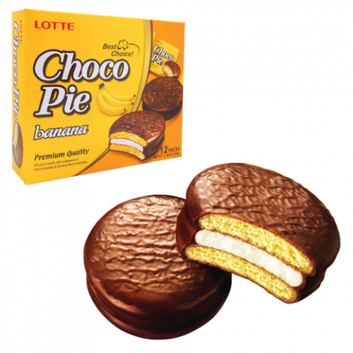 Печенье LOTTE Choco Pie Banana (Чоко Пай Банан), глазированное, 336 г, 12 шт. х 28 г, 000000014