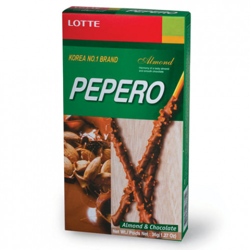 Печенье-соломка LOTTE Pepero Almond, в шоколадной глазури с миндалем, в картонной упаковке, 36 г, Корея, 62004MO