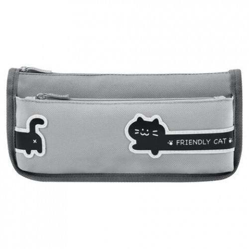 Пенал мягкий BRAUBERG, 2 отделения, полиэстер, Long cat, светло-серый, 21х9х6 см, 274612
