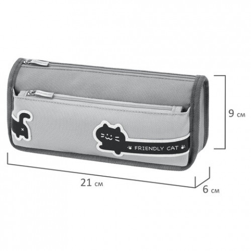 Пенал мягкий BRAUBERG, 2 отделения, полиэстер, Long cat, светло-серый, 21х9х6 см, 274612