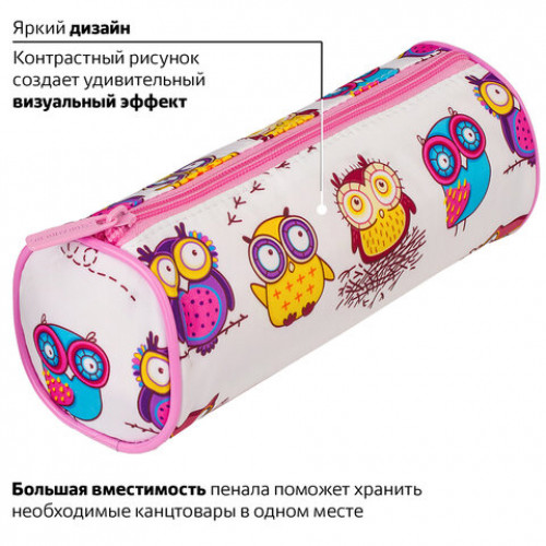Пенал-тубус BRAUBERG, с эффектом Soft Touch, мягкий, Owls, 22х8 см, 229007