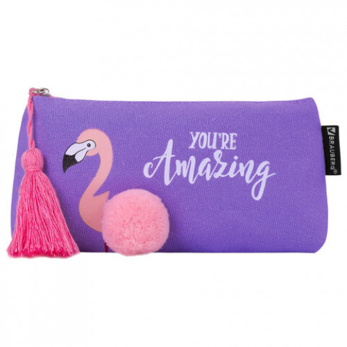 Пенал-косметичка BRAUBERG, канвас с объемной аппликацией, Flamingo, 20х3х9 см, 229001