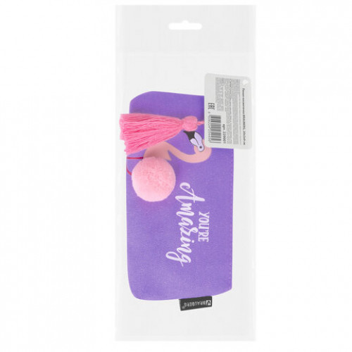 Пенал-косметичка BRAUBERG, канвас с объемной аппликацией, Flamingo, 20х3х9 см, 229001