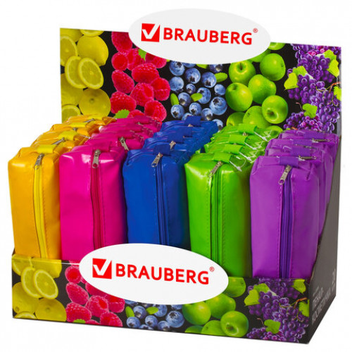 Пенал-косметичка BRAUBERG, под искусственную кожу, ассорти 5 цветов, Блеск, 20х6х4 см, дисплей, 223896