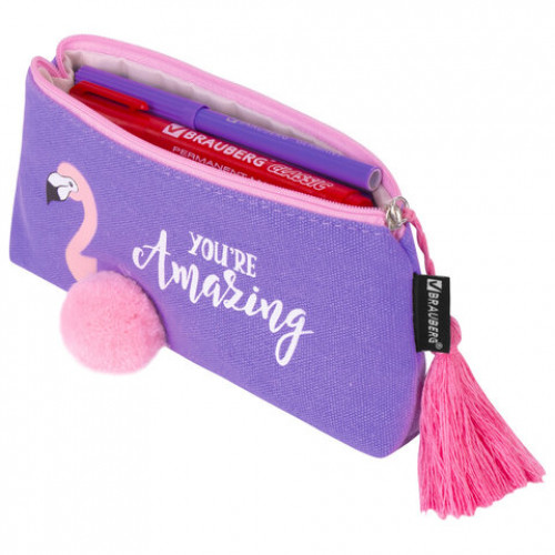 Пенал-косметичка BRAUBERG, канвас с объемной аппликацией, Flamingo, 20х3х9 см, 229001