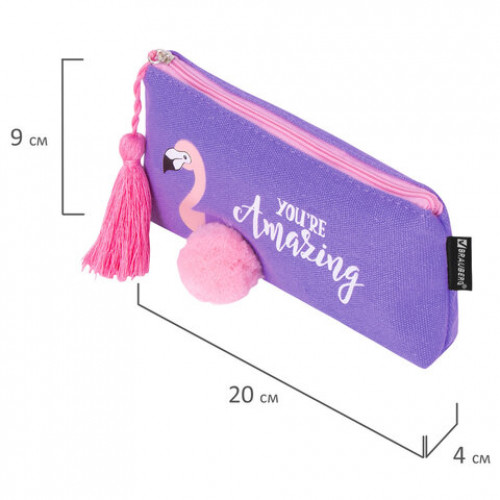 Пенал-косметичка BRAUBERG, канвас с объемной аппликацией, Flamingo, 20х3х9 см, 229001