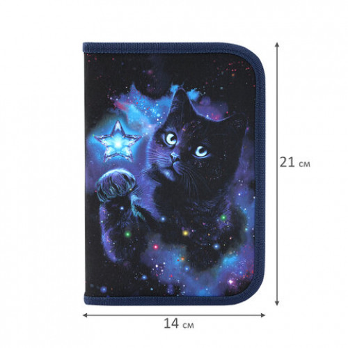 Пенал BRAUBERG с наполнением, 1 отделение, 1 откидная планка, 24 предмета, 21х14 см, Звездный кот, 274615