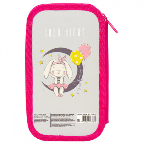 Пенал ПИФАГОР, 2 отделения, ламинированный картон, блестки, 19х11 см, MOON BUNNY, 229157